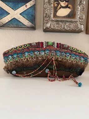 Mary Frances Chocolate Feathered Beaded Evening Shoulder Bag